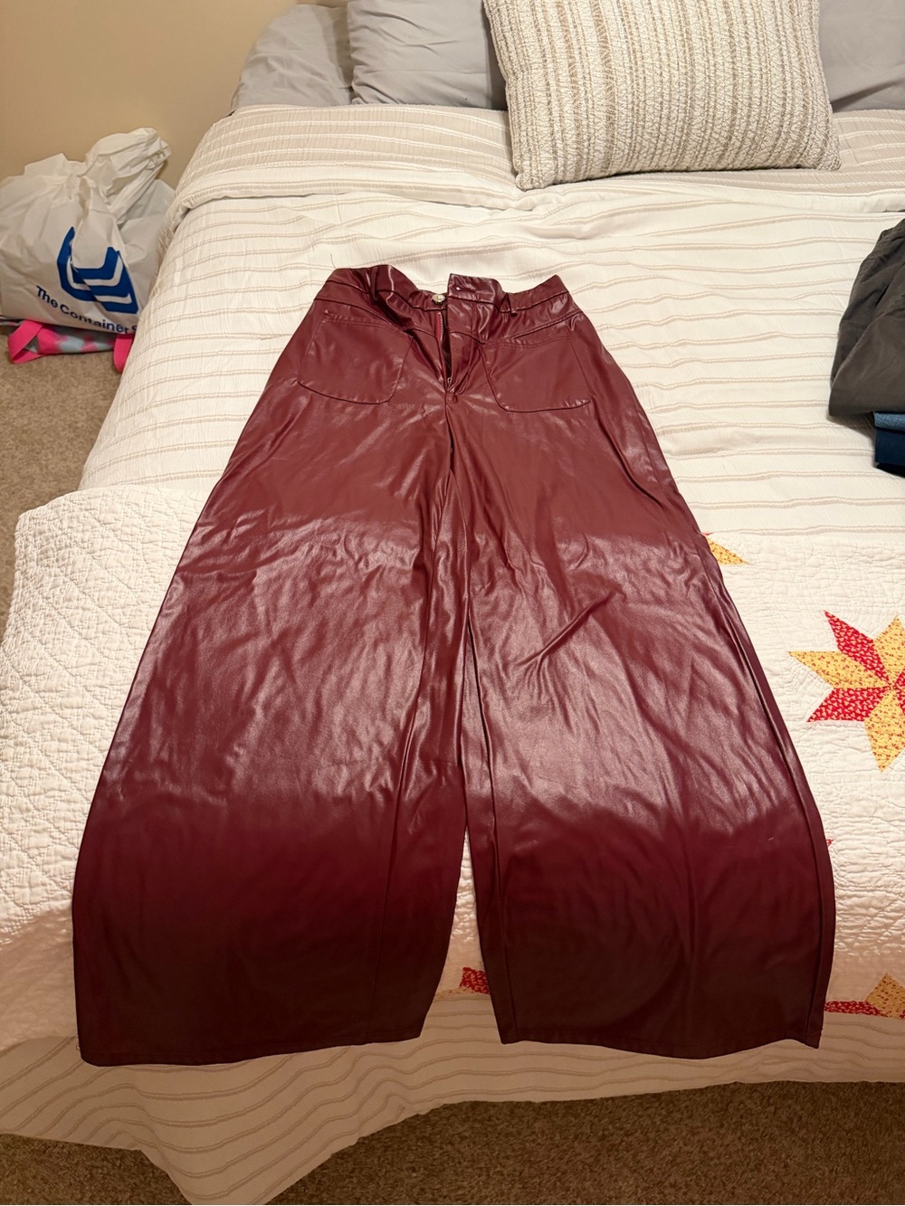SHEIN Wide-Leg Faux Leather Pants in Burgundy